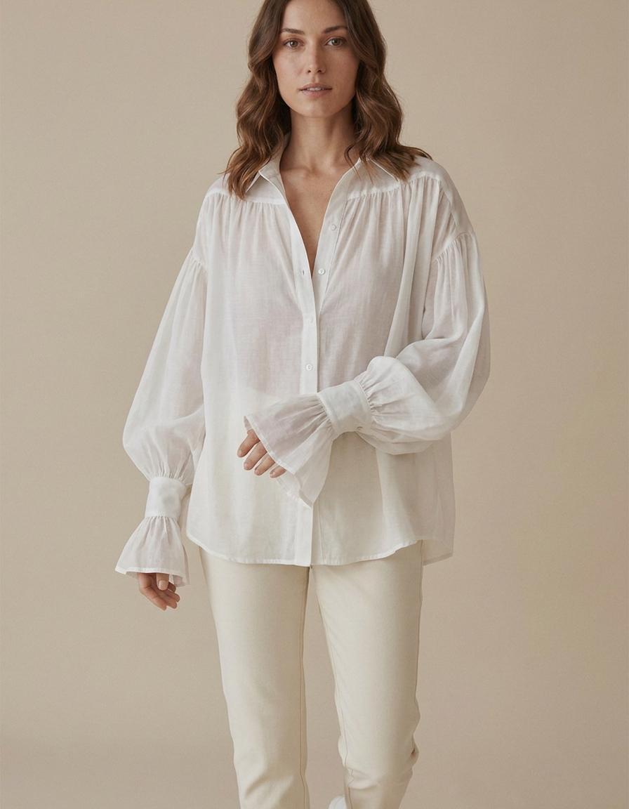 Joana | Blusa amplia con manga globo y volante - Blanco