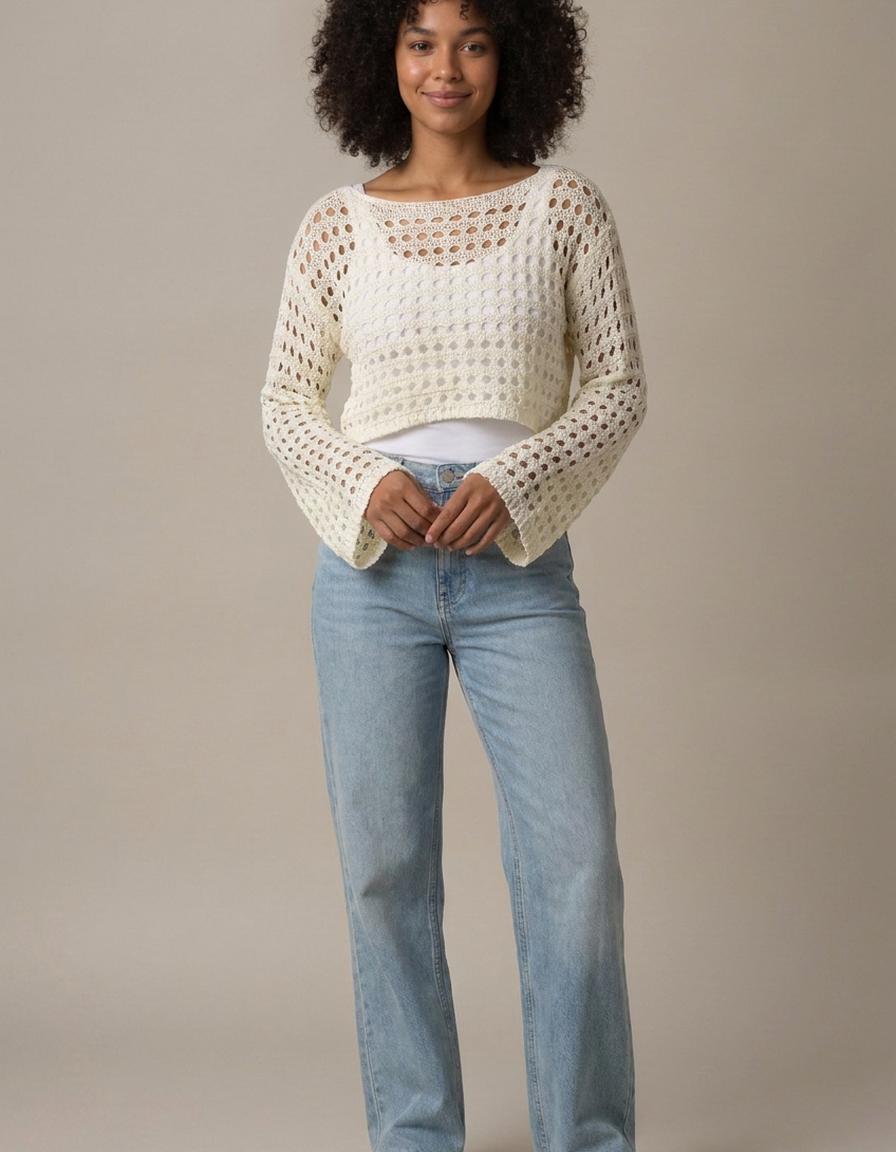 Maite | Top de crochet calado de manga larga - Blanco