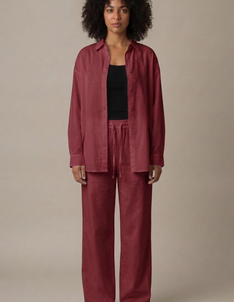 Daniela | Conjunto camisa y pantalón de algodón - Burdeos