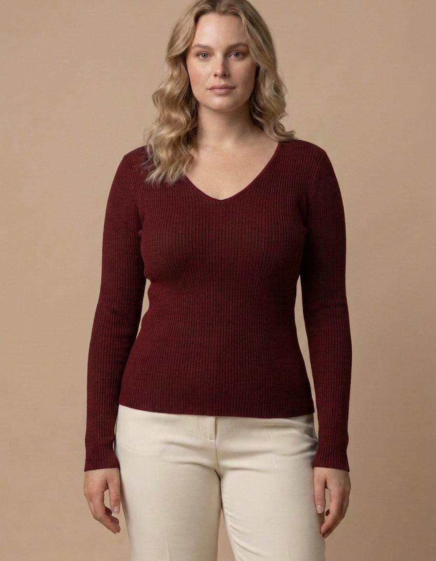 Lorena | Jersey de canalé con escote en pico - Burdeos