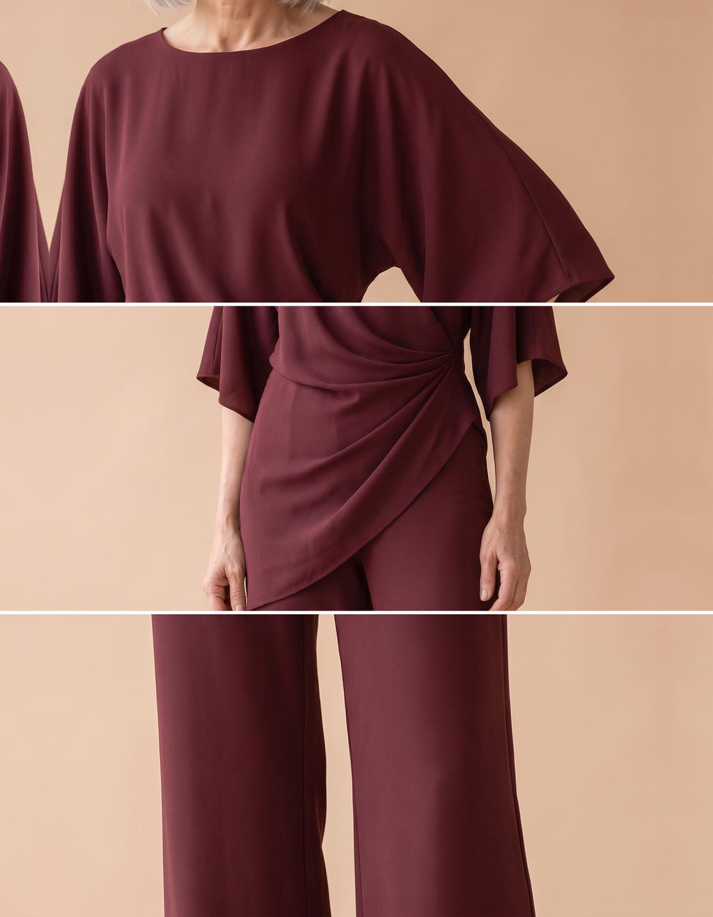 Elvira | Conjunto de blusa drapeada y pantalón ancho - Burdeos