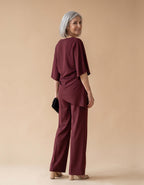 Elvira | Conjunto de blusa drapeada y pantalón ancho - Burdeos
