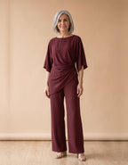 Elvira | Conjunto de blusa drapeada y pantalón ancho - Burdeos