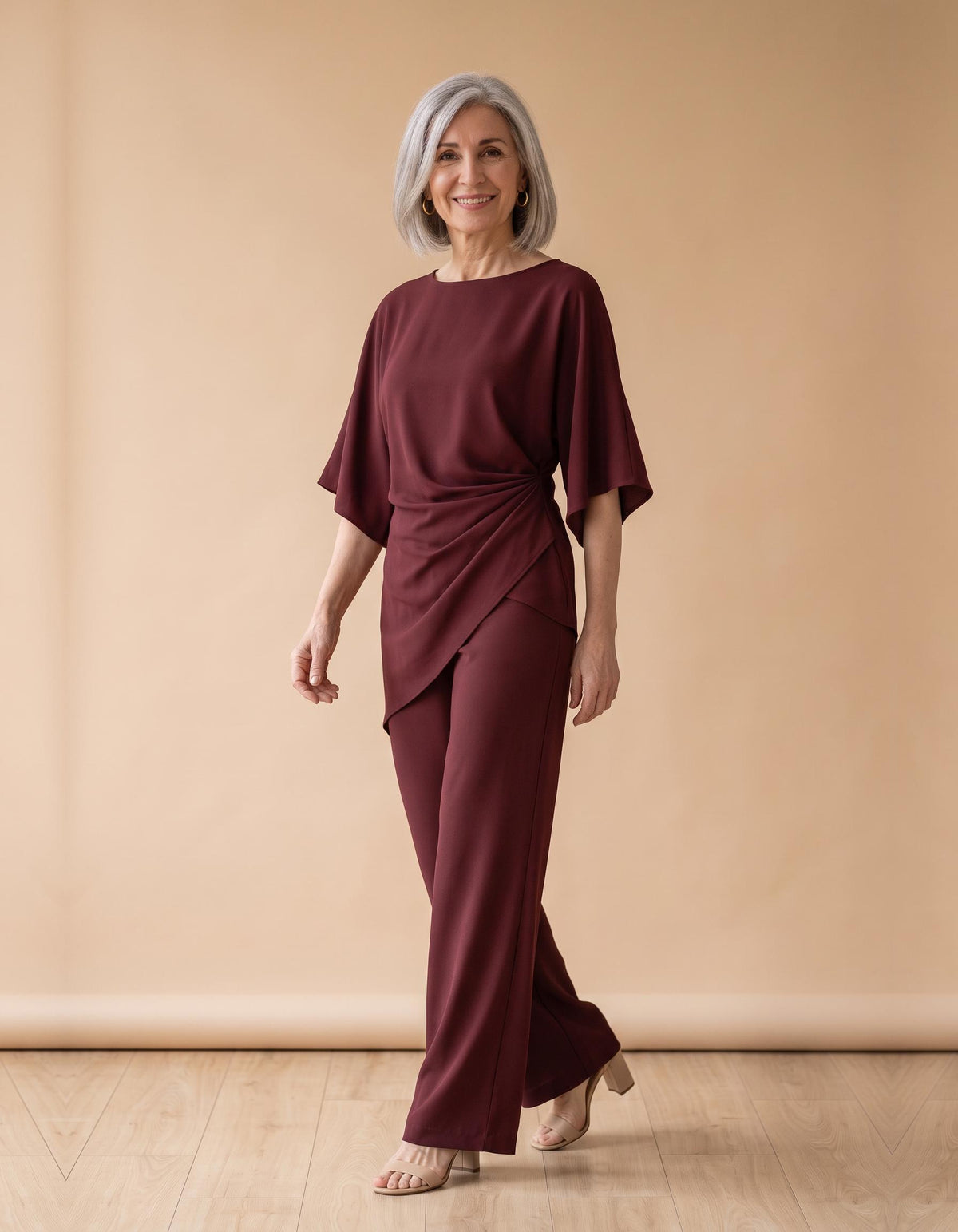 Elvira | Conjunto de blusa drapeada y pantalón ancho - Burdeos