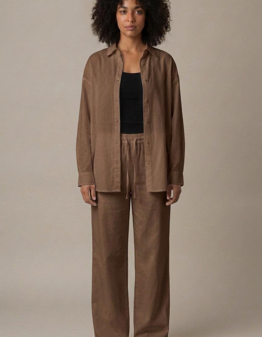 Daniela | Conjunto camisa y pantalón de algodón - Café