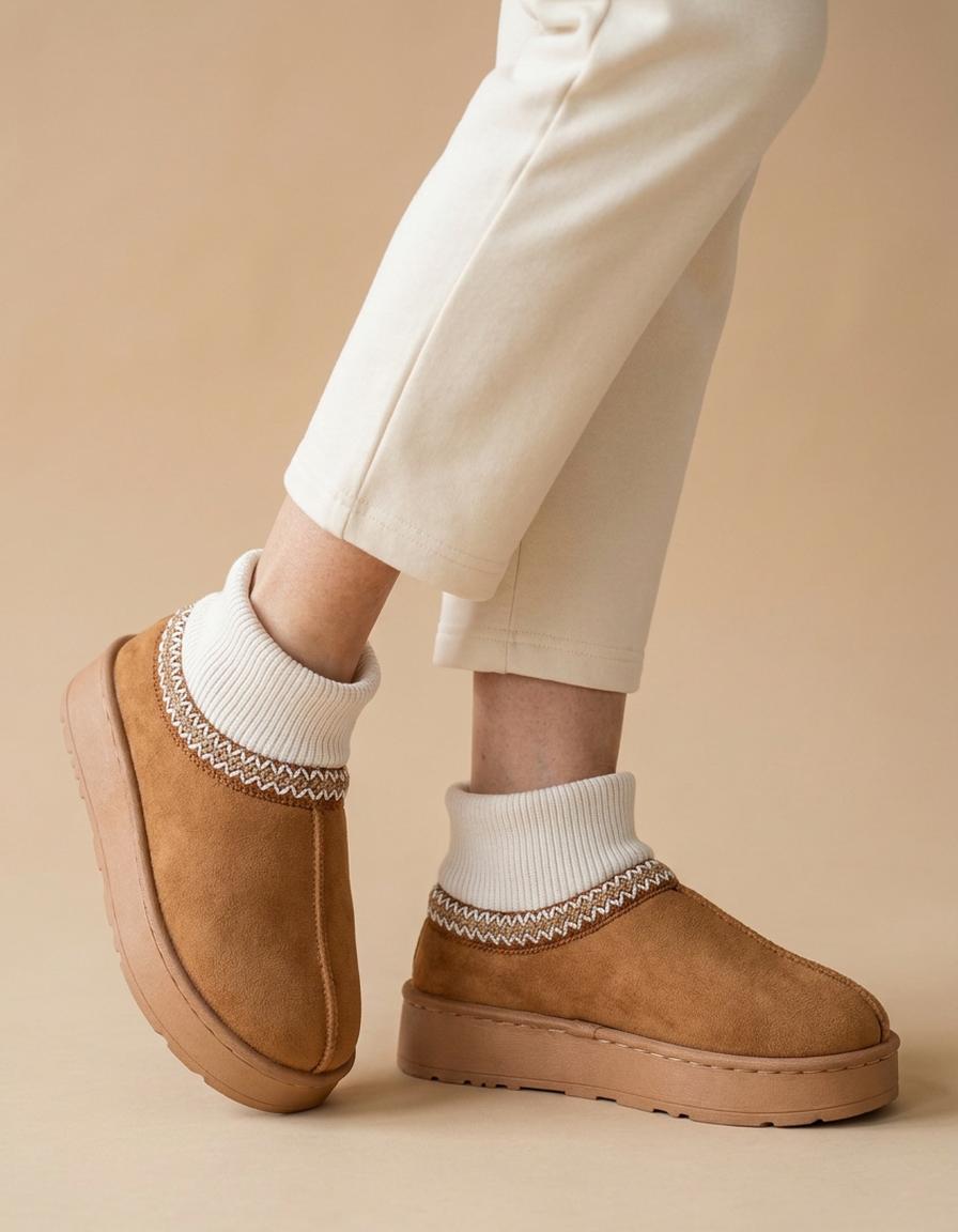 Gema | Botines de antelina con caña de punto - Camel
