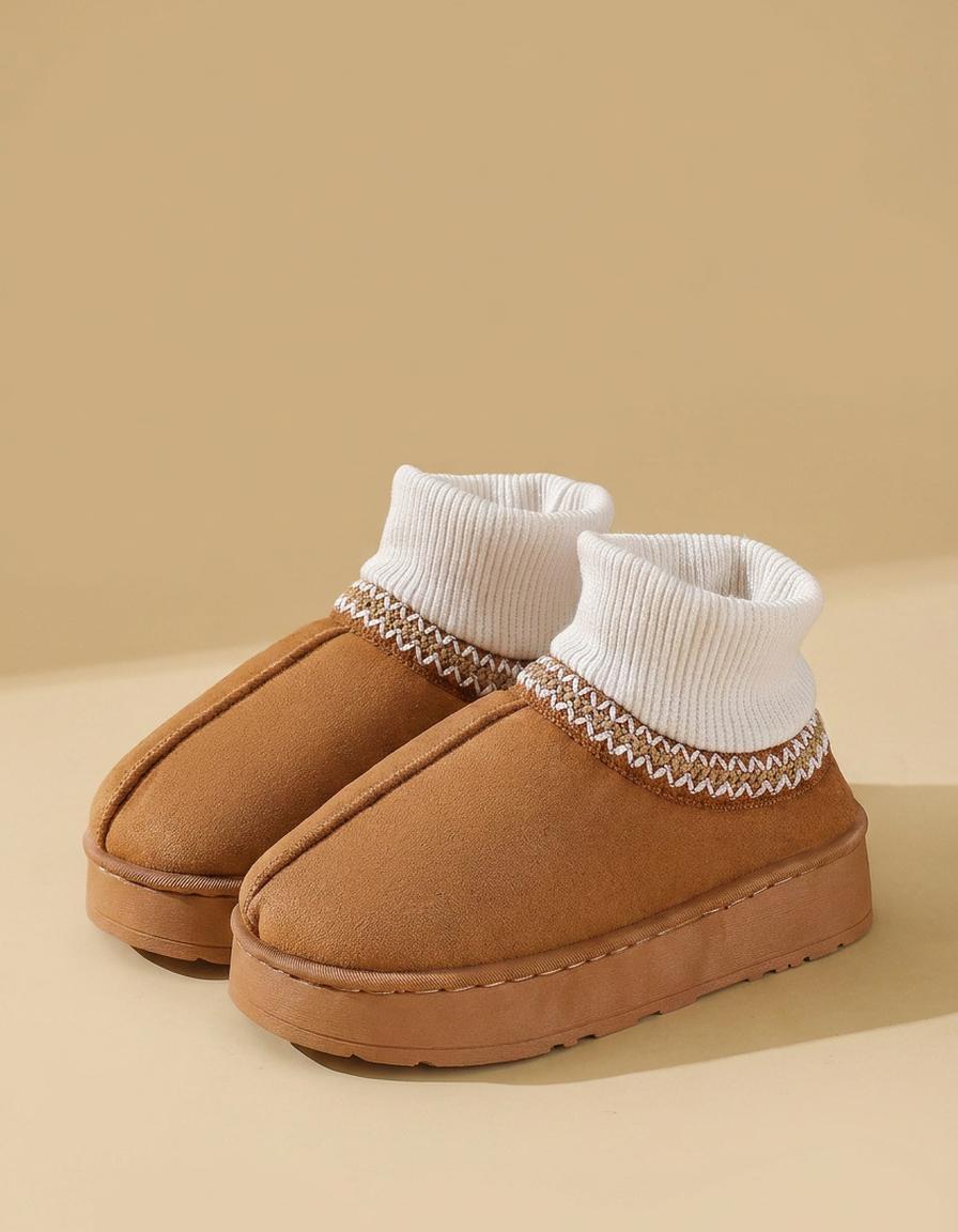 Gema | Botines de antelina con caña de punto - Camel