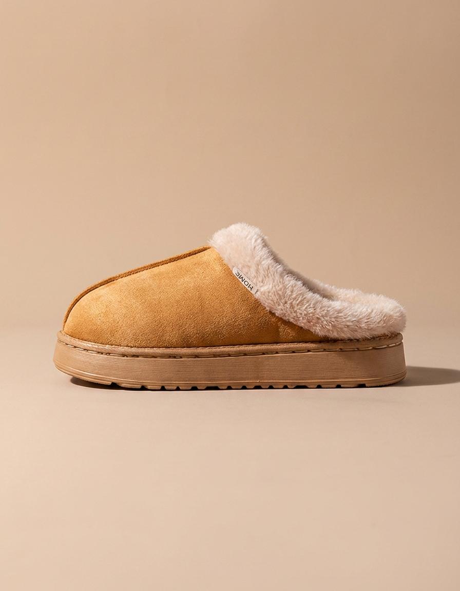 Nuria | Zapatillas de casa de antelina con pelo - Camel