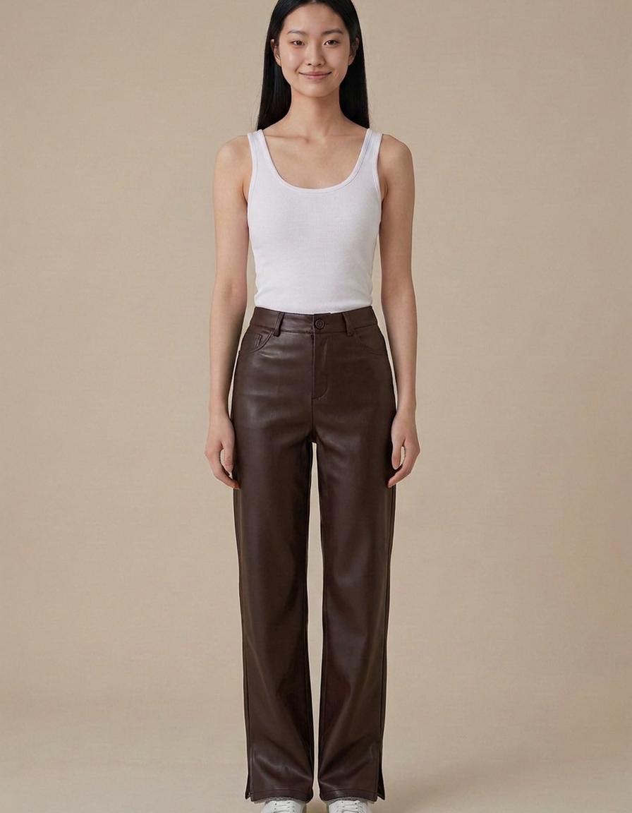 Cristina | Pantalón de polipiel con forro polar - Chocolate