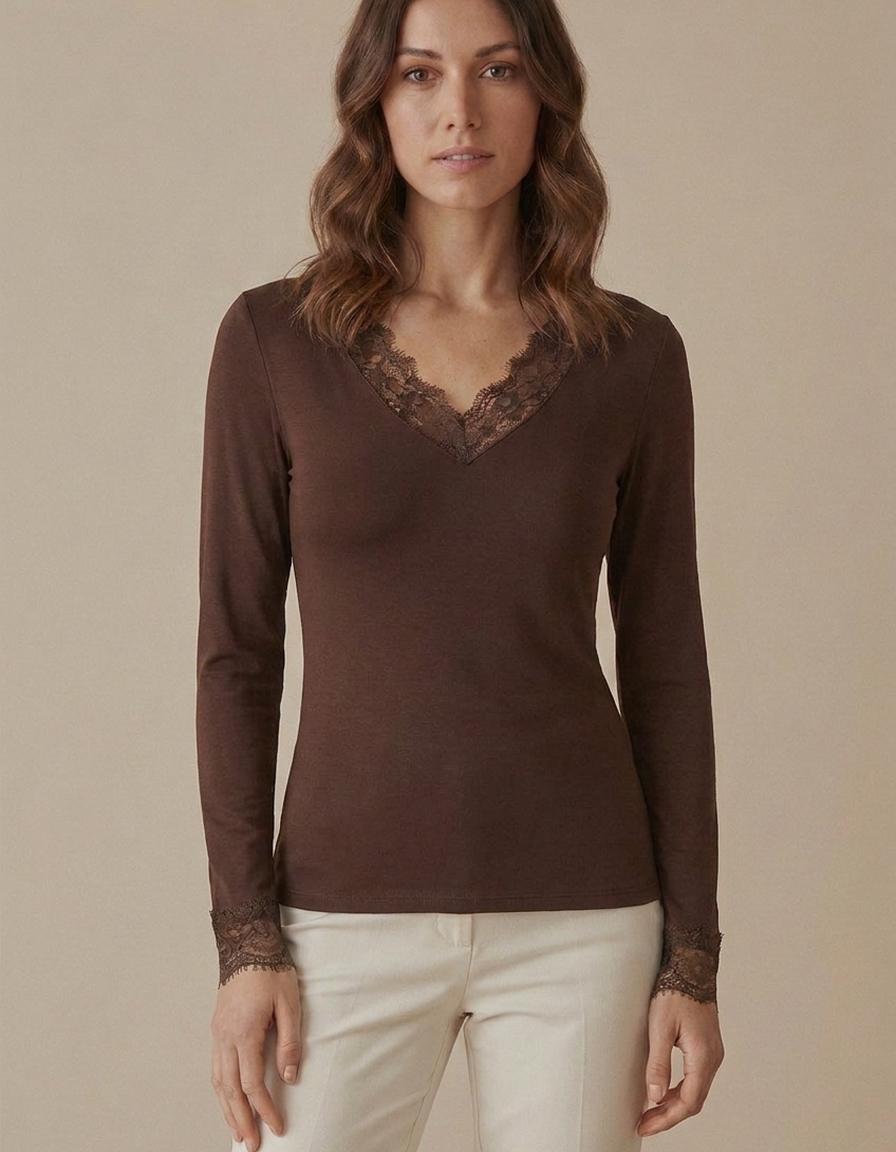Carlota | Camiseta de cuello pico con encaje - Chocolate