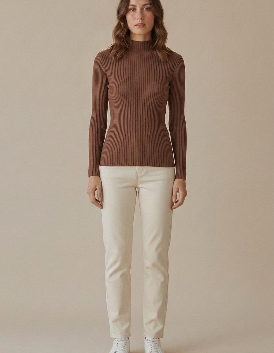 Leire | Jersey de canalé con cuello medio - Chocolate