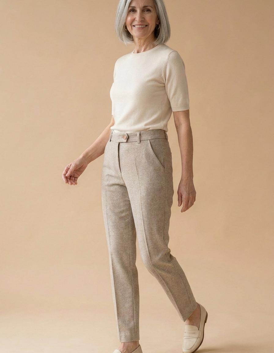 Elena | Pantalón de lana espiga tiro alto - Crema