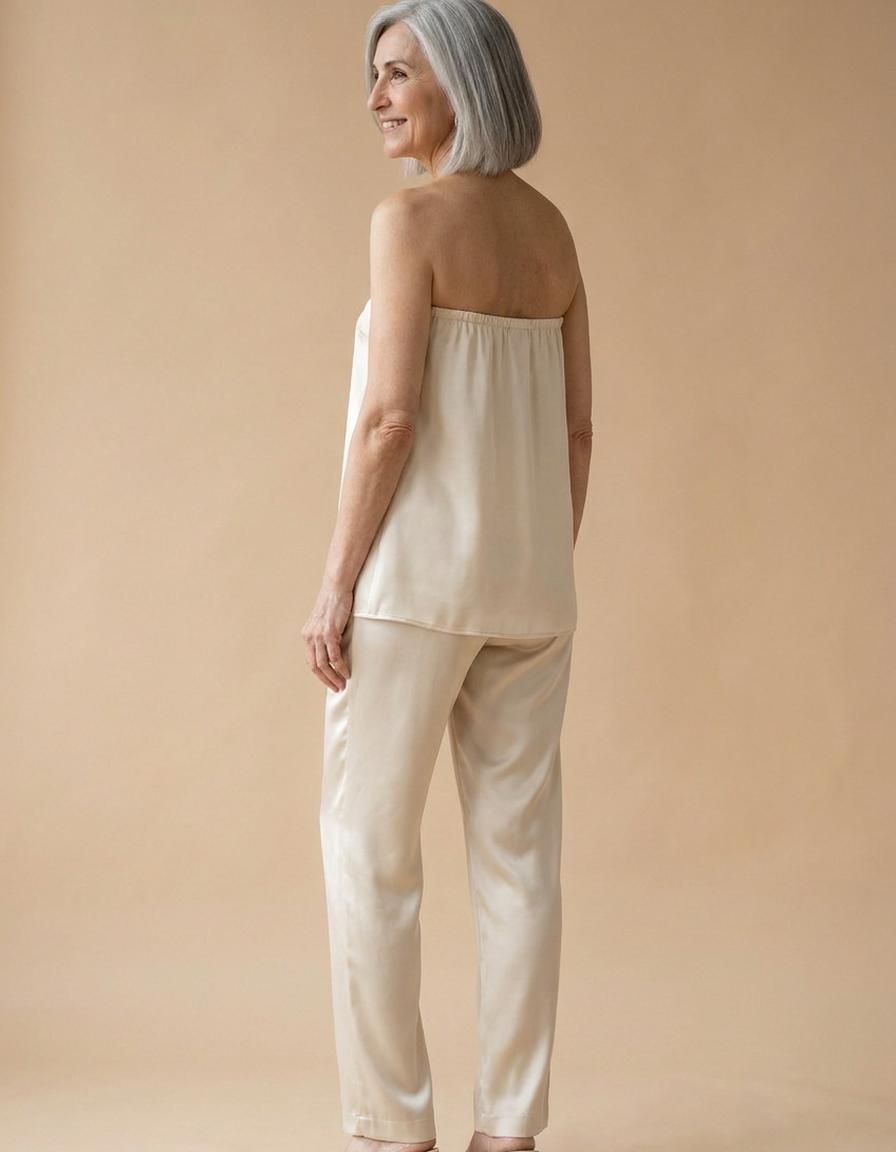 Silvia | Conjunto de satén top y pantalón - Crema