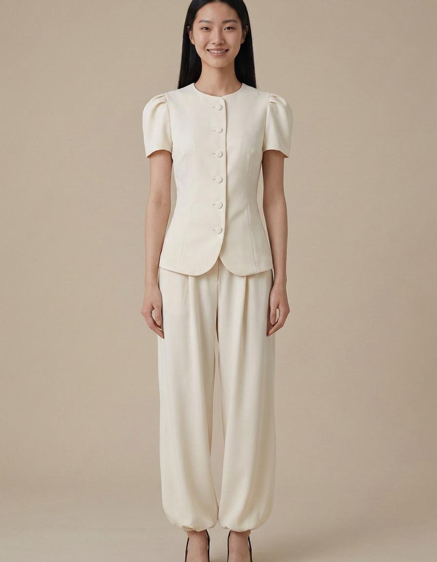 Valeria | Conjunto blusa y pantalón ancho - Crema