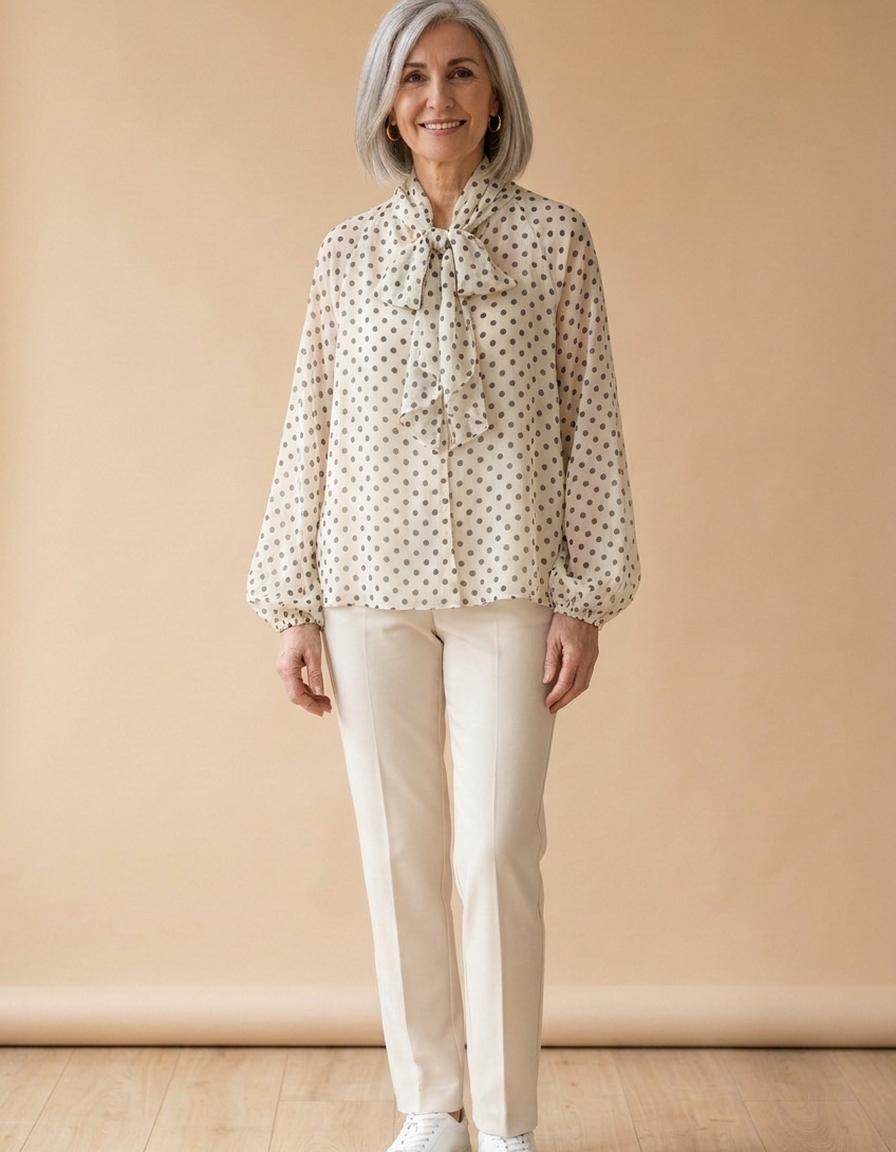 Itziar | Blusa de lunares con lazo al cuello - Crema