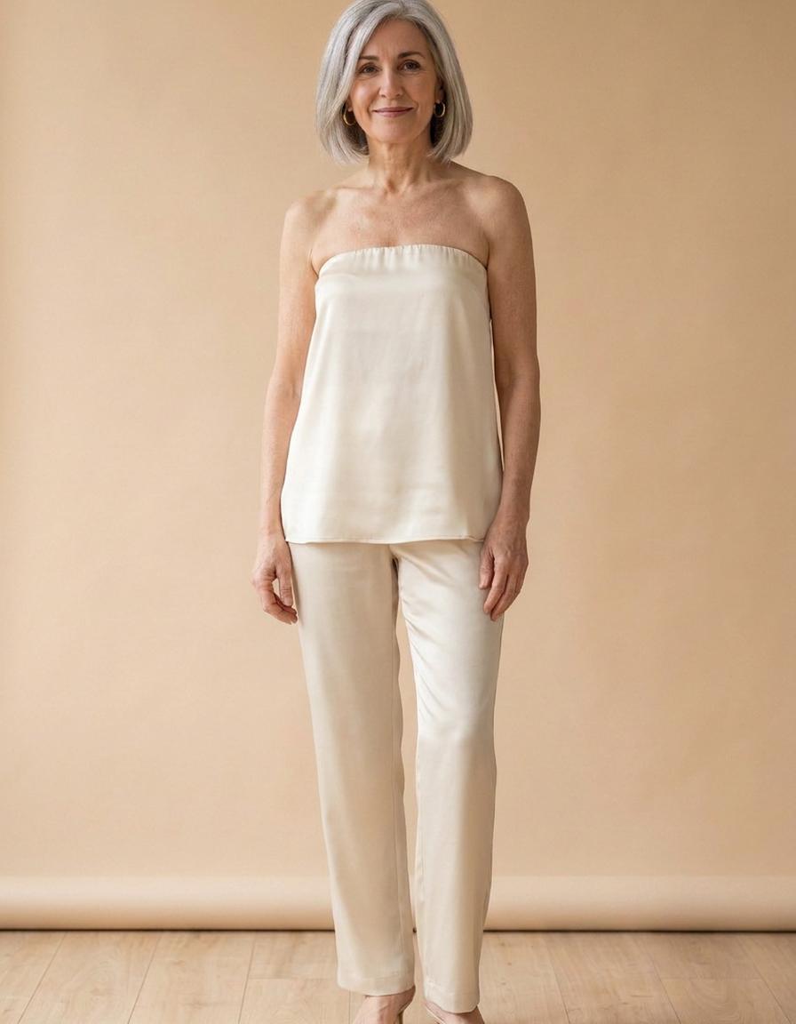 Silvia | Conjunto de satén top y pantalón - Crema