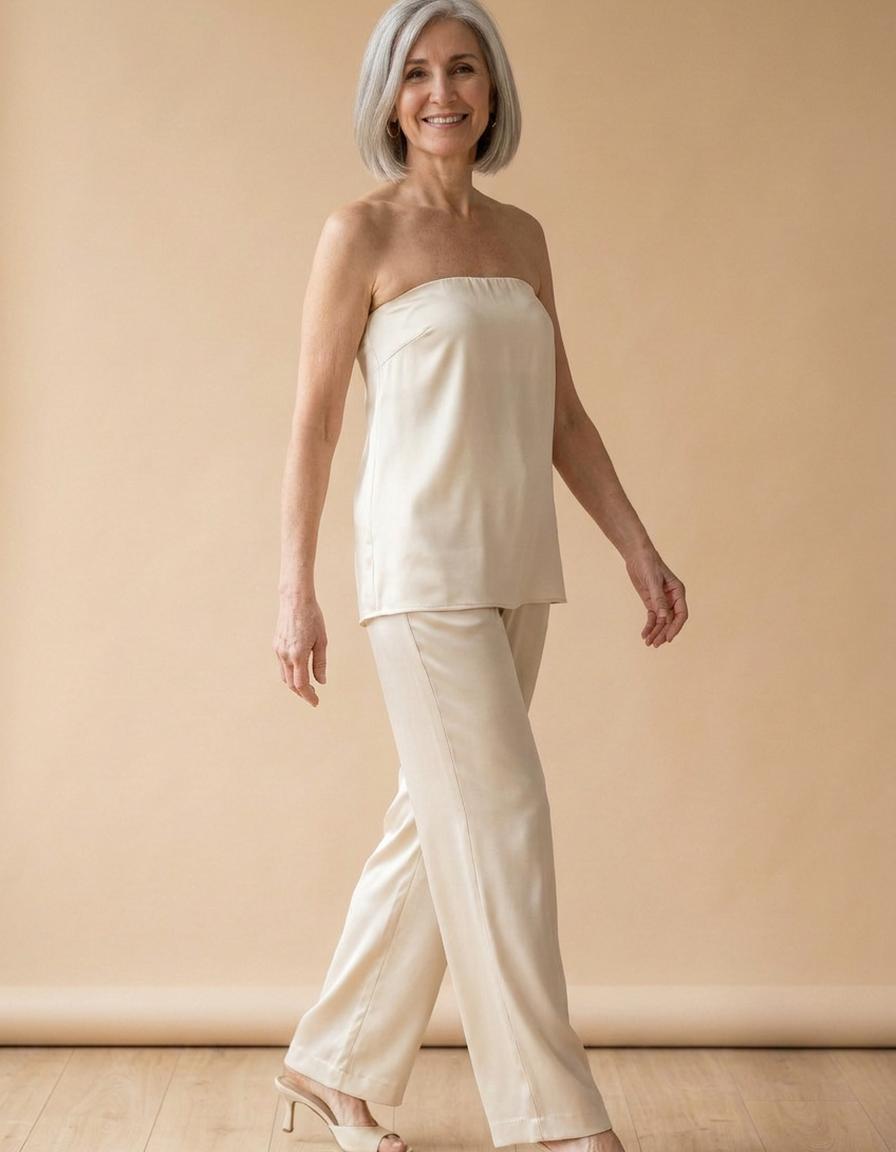 Silvia | Conjunto de satén top y pantalón - Crema
