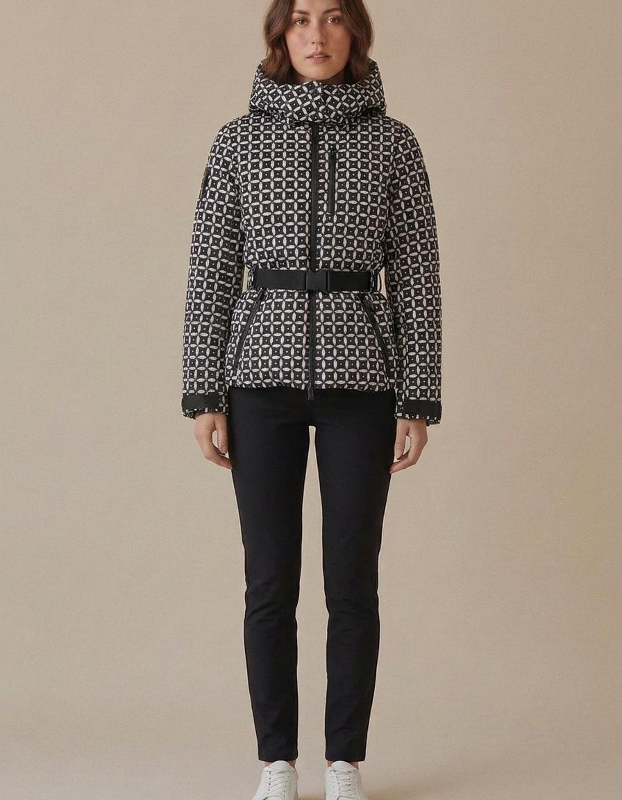 Ximena | Chaqueta de esquí con cinturón - Cuadros blanco y negro