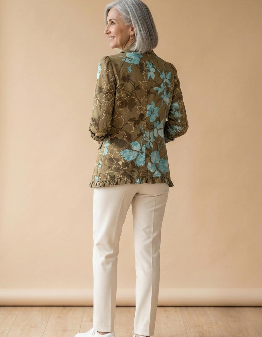 Magdalena | Chaqueta con volantes floral oliva - Floral oliva y turquesa