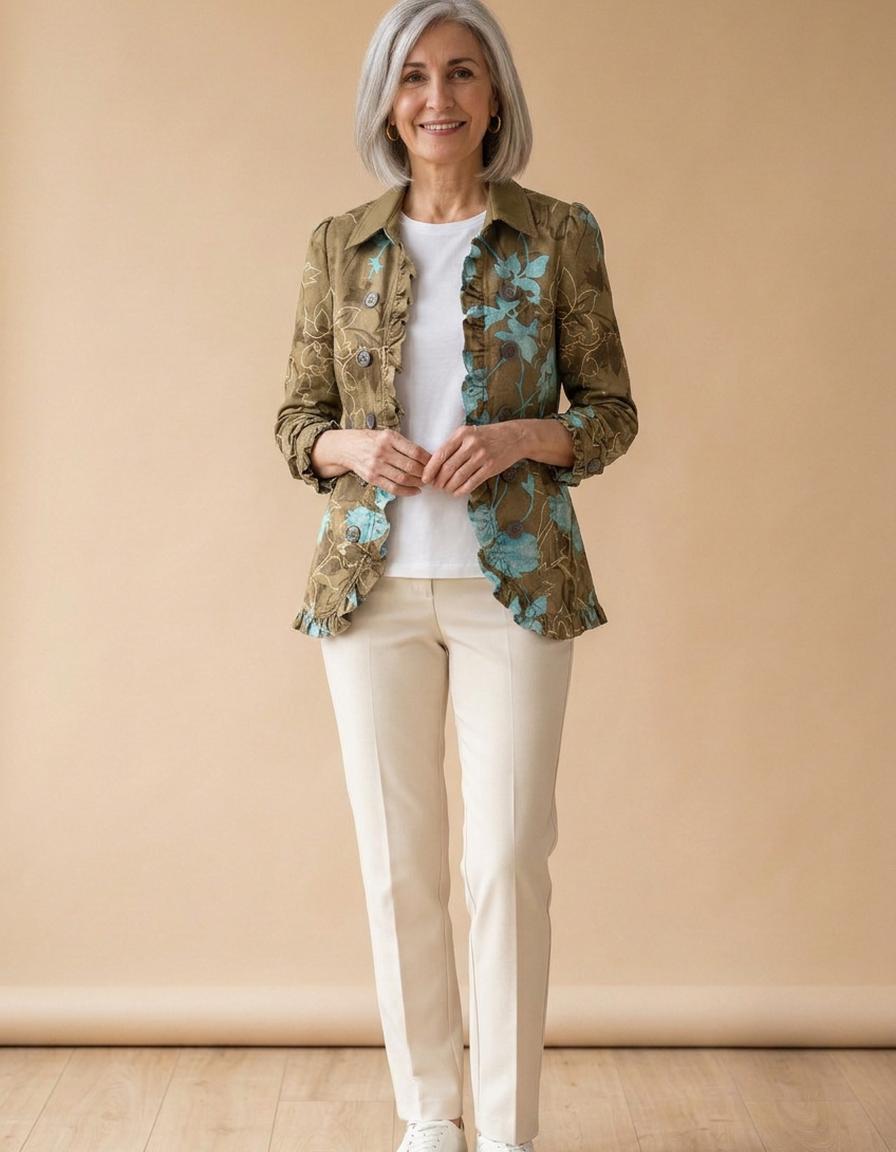 Magdalena | Chaqueta con volantes floral oliva - Floral oliva y turquesa