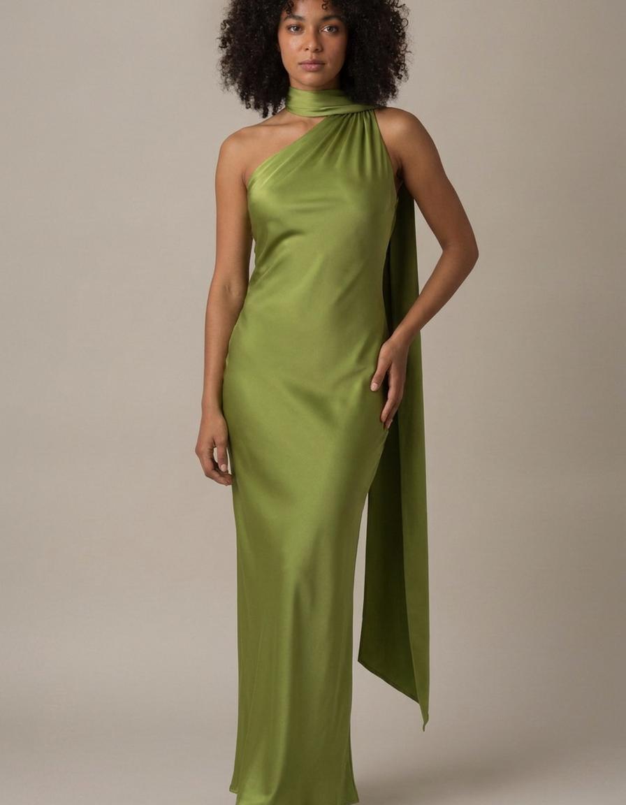 Vega | Vestido de satén con capa - Verde oliva