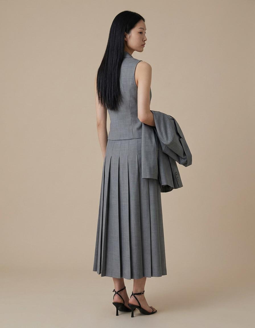 Ámbar | Traje de tres piezas con falda plisada - Gris