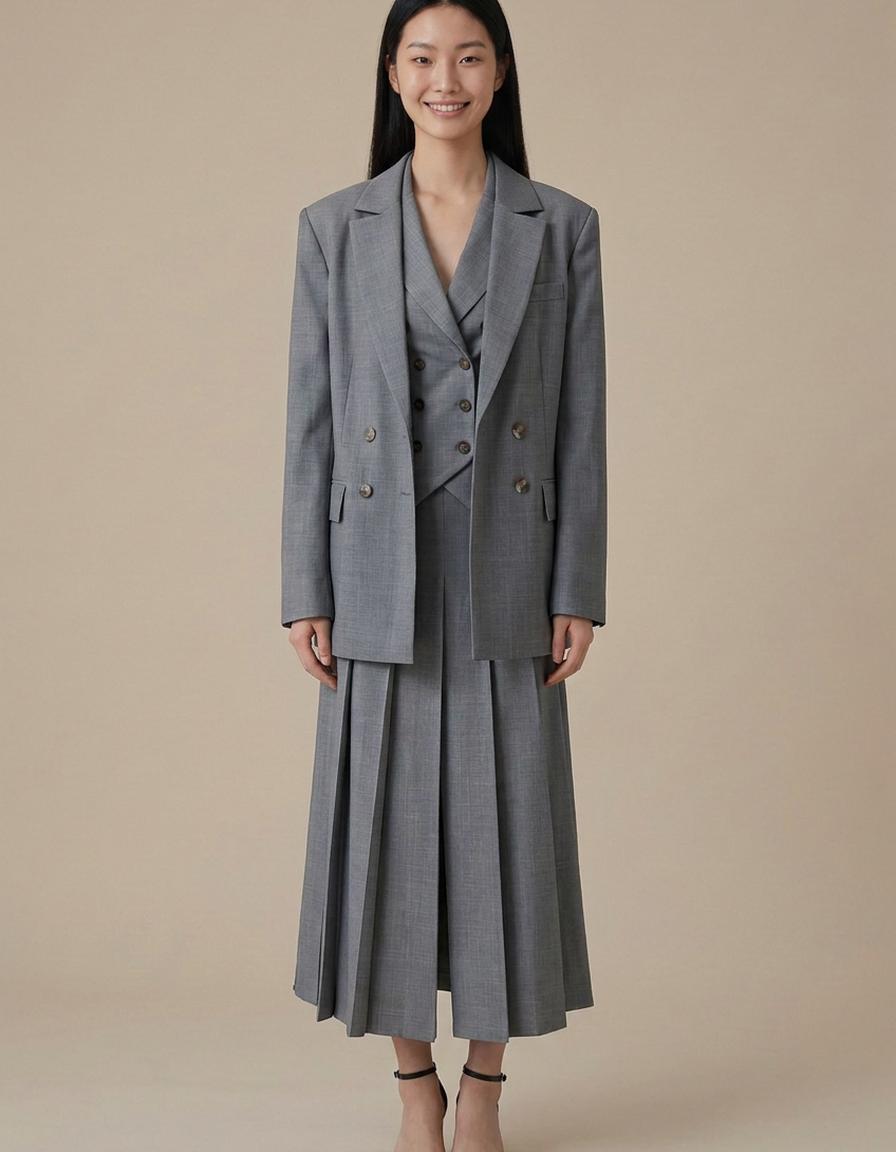 Ámbar | Traje de tres piezas con falda plisada - Gris