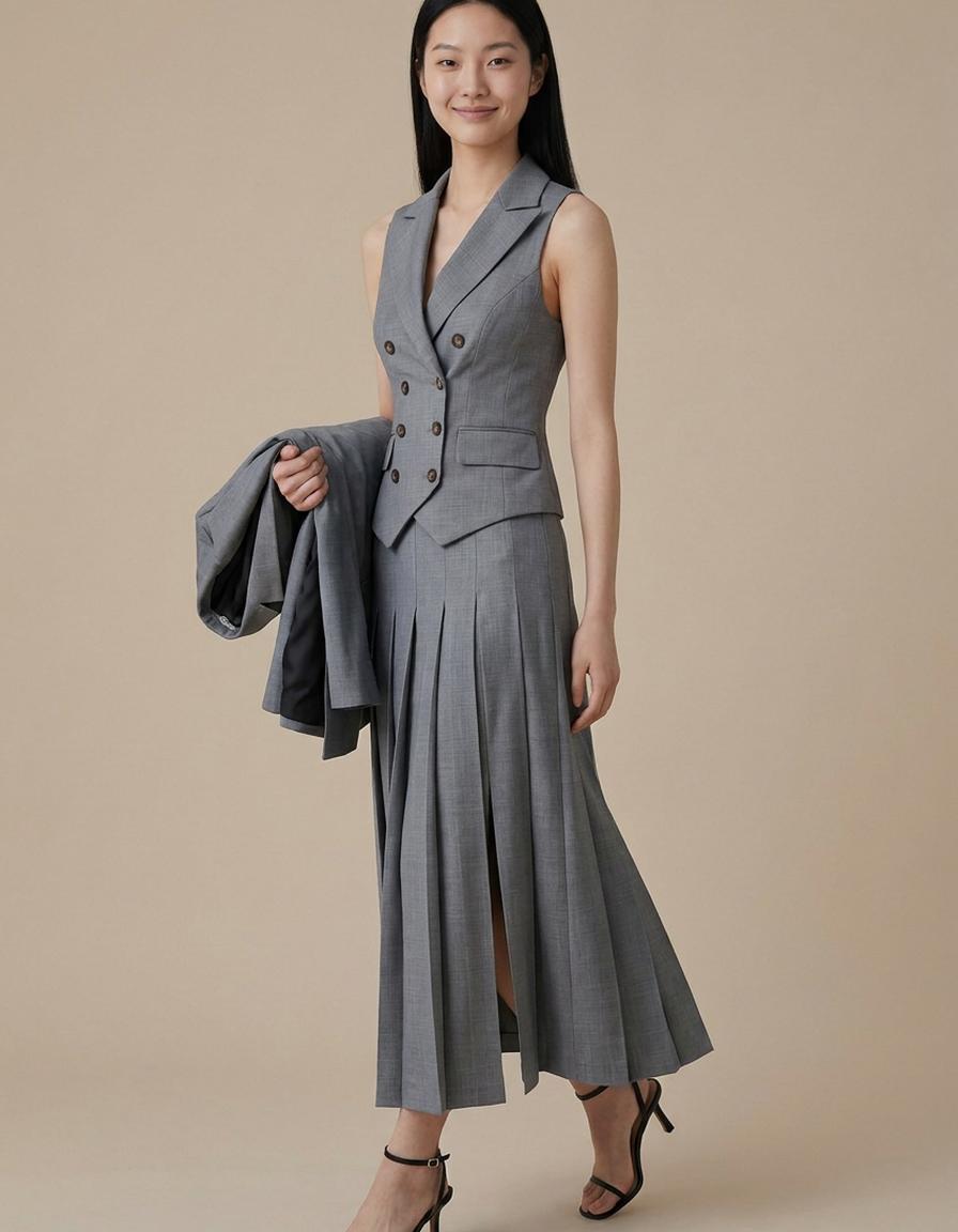 Ámbar | Traje de tres piezas con falda plisada - Gris