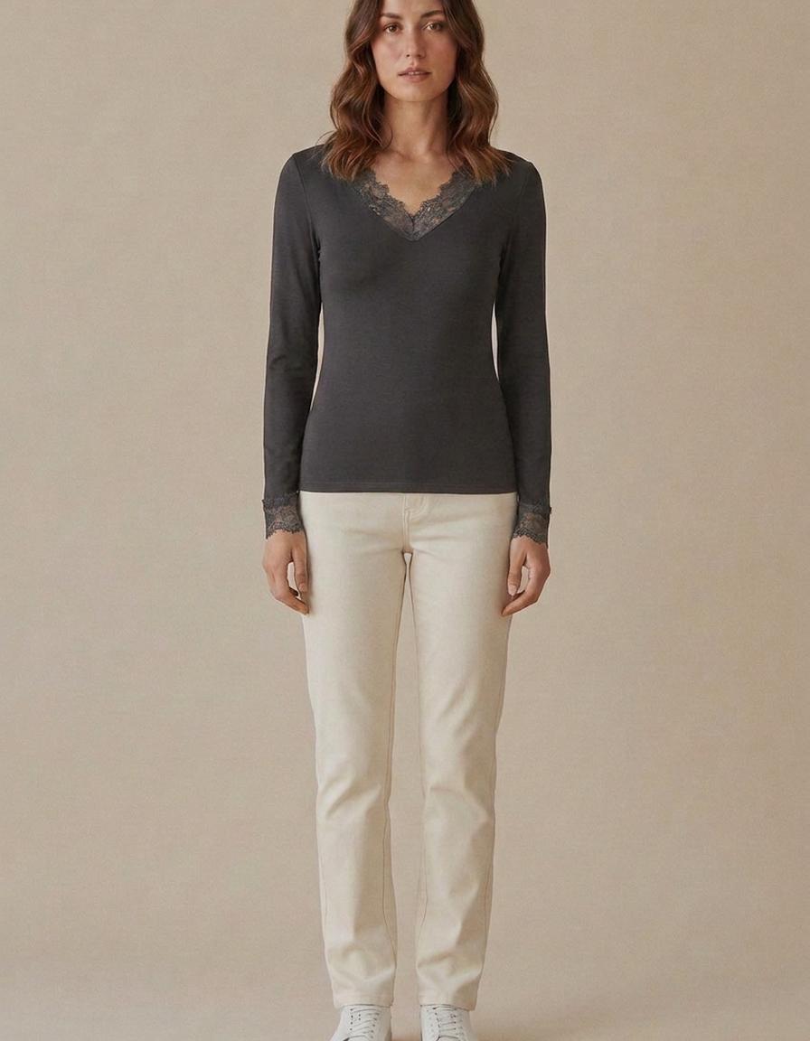 Carlota | Camiseta de cuello pico con encaje - Gris oscuro