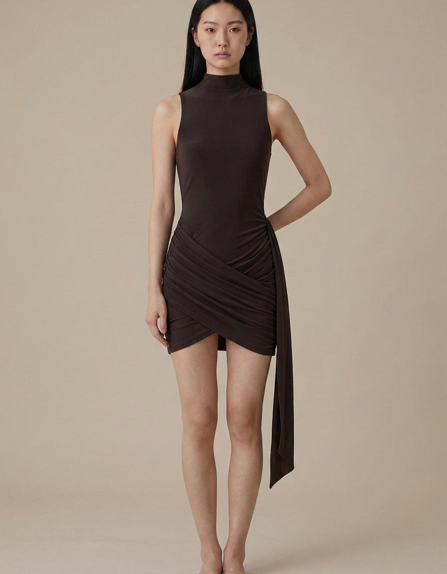 Lía | Vestido corto cuello alto fruncido - Marrón