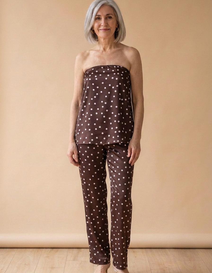 Silvia | Conjunto de satén top y pantalón - Marrón lunares
