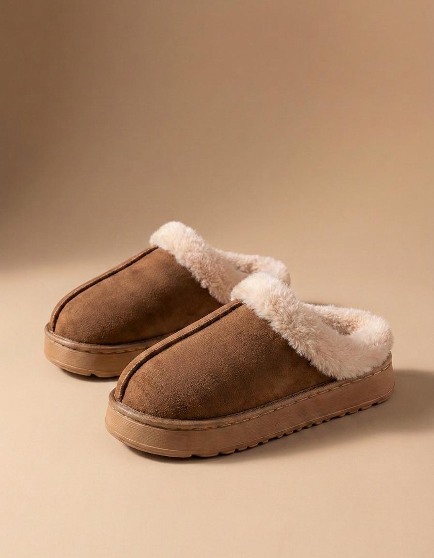 Nuria | Zapatillas de casa de antelina con pelo - Marrón