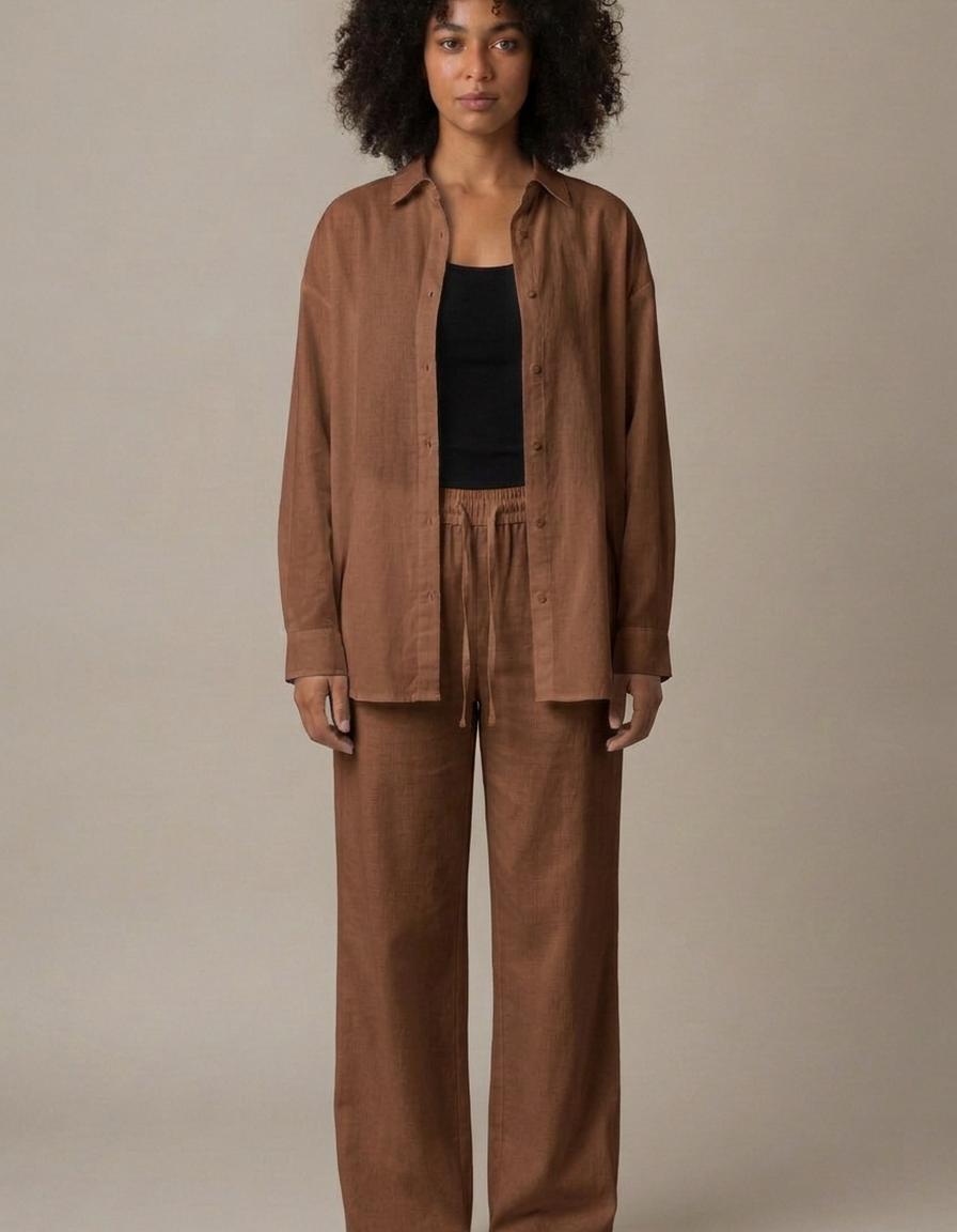 Daniela | Conjunto camisa y pantalón de algodón - Marrón