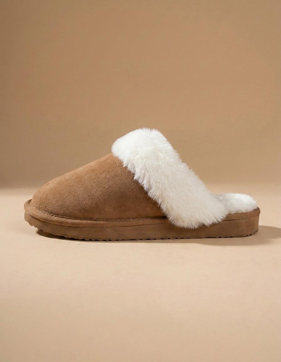 Ángela | Zapatillas de casa de antelina con pelo - Marrón
