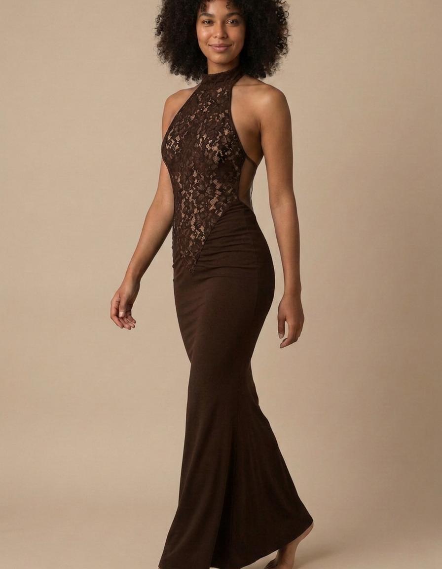 Sofía | Vestido largo de encaje halter - Marrón