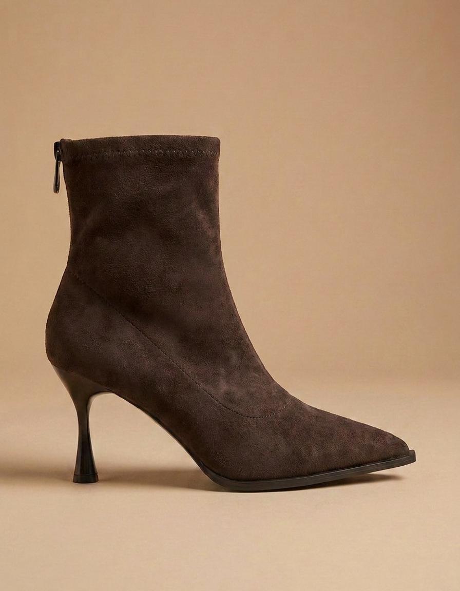 Raquel | Botines calcetín de punta con tacón fino - Marrón