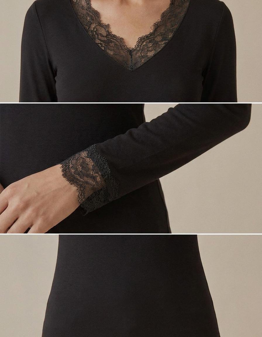 Carlota | Camiseta de cuello pico con encaje - Negro