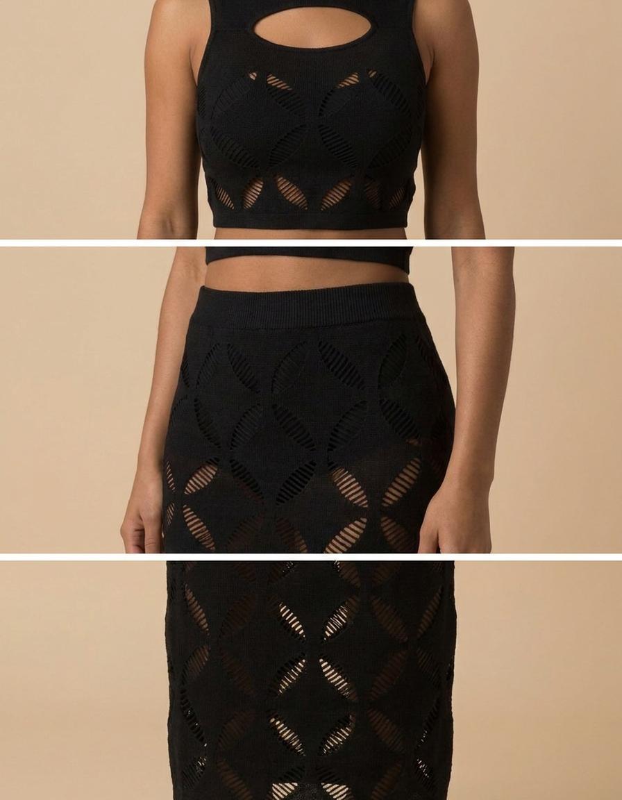 Nadia | Conjunto top y falda larga calada - Negro