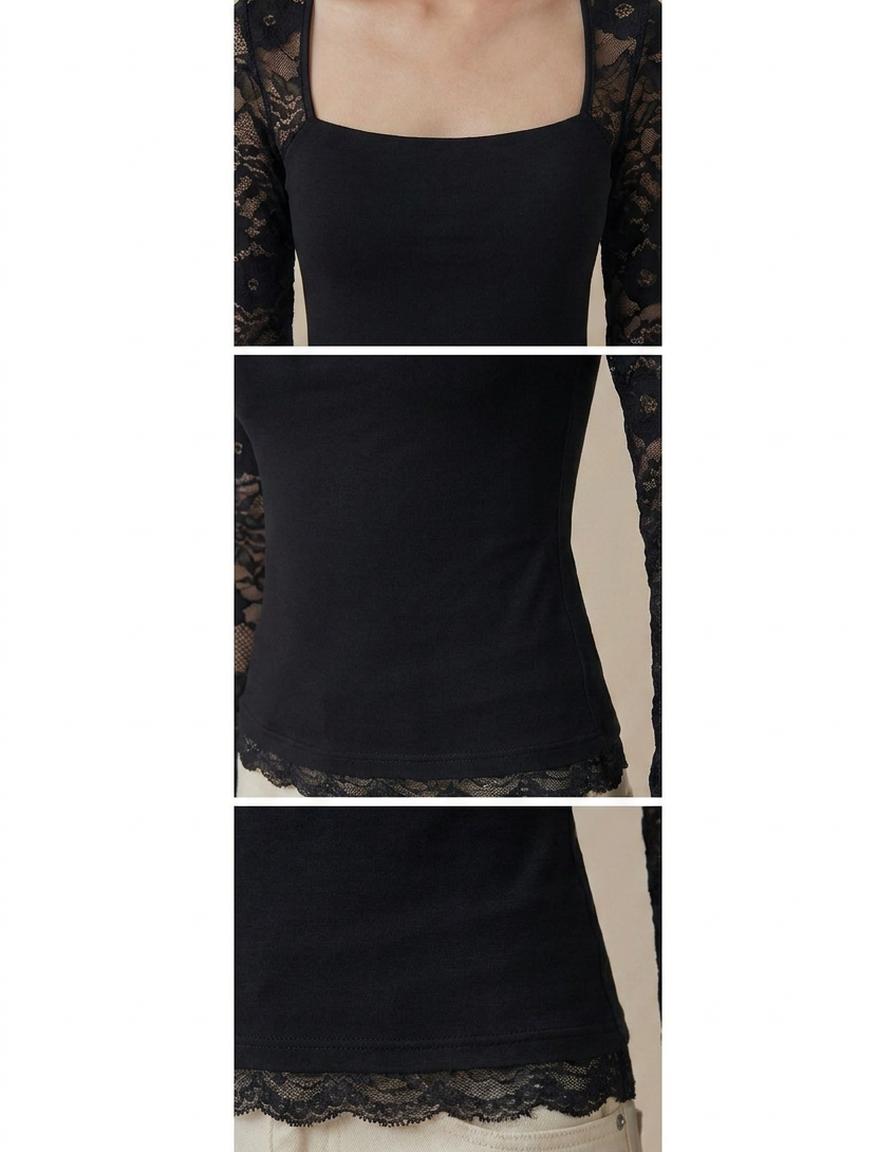 Belén | Top de cuello cuadrado con mangas de encaje - Negro