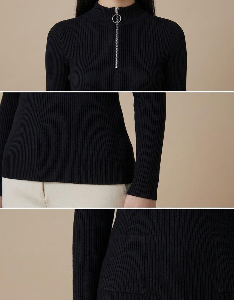 Margarita | Jersey de canalé con media cremallera - Negro