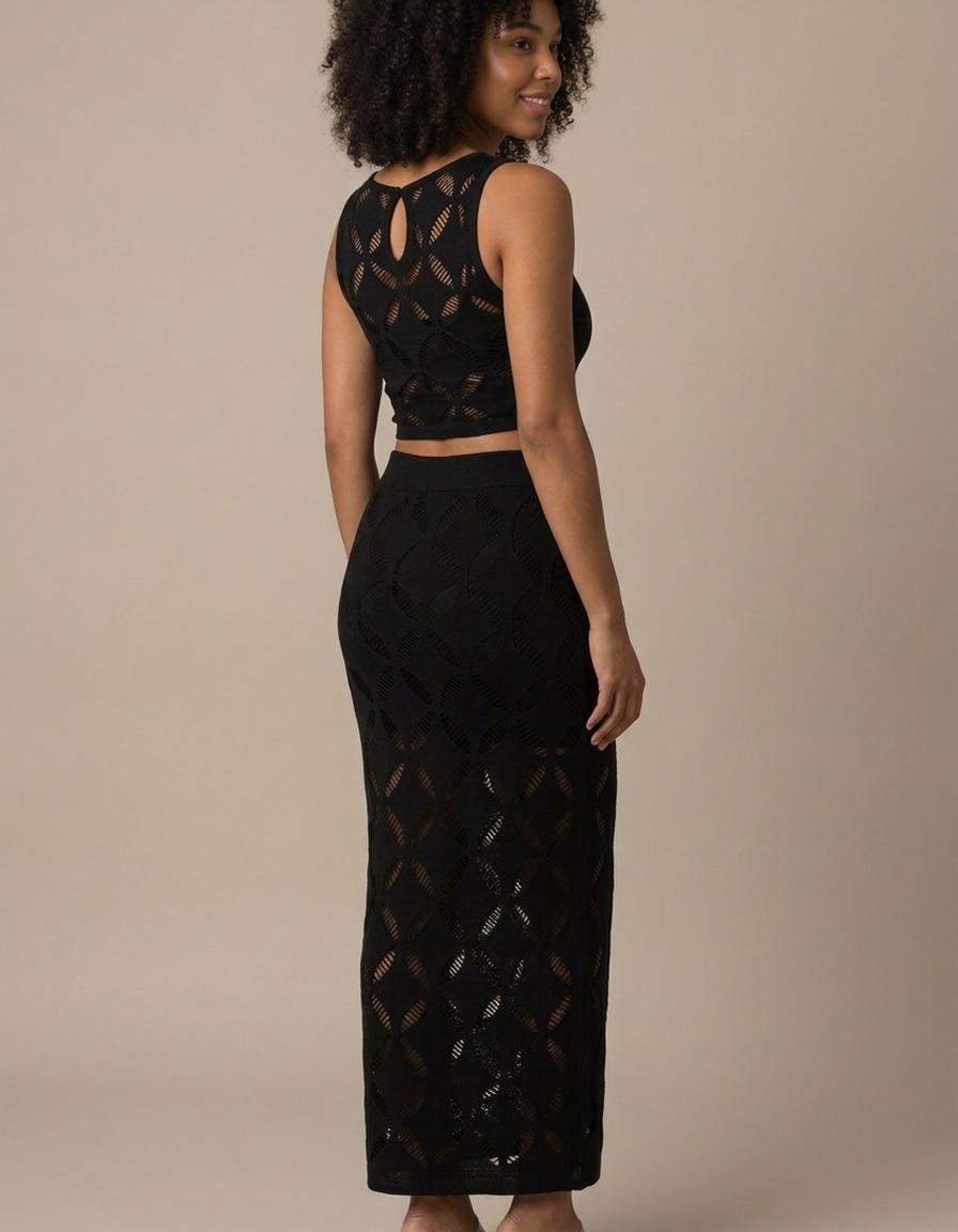Nadia | Conjunto top y falda larga calada - Negro