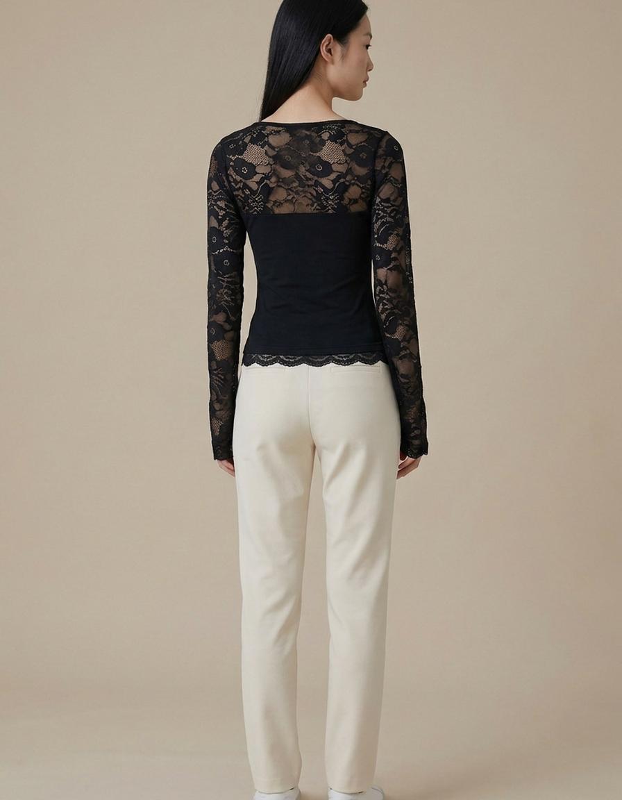 Belén | Top de cuello cuadrado con mangas de encaje - Negro