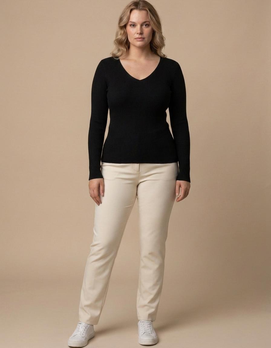 Lorena | Jersey de canalé con escote en pico - Negro