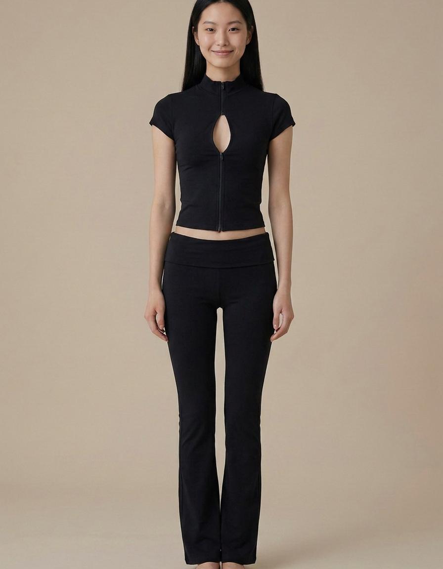 Alba | Conjunto top cremallera y pantalón campana - Negro