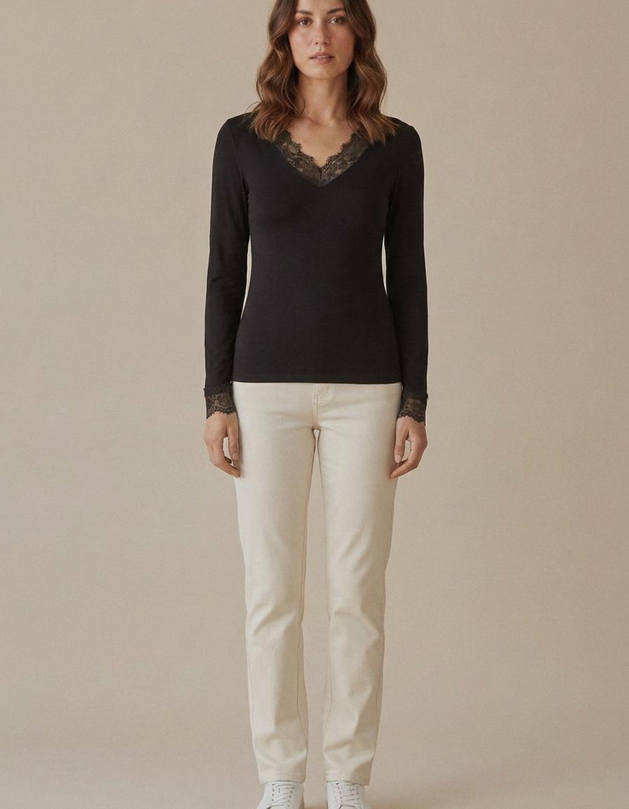 Carlota | Camiseta de cuello pico con encaje - Negro