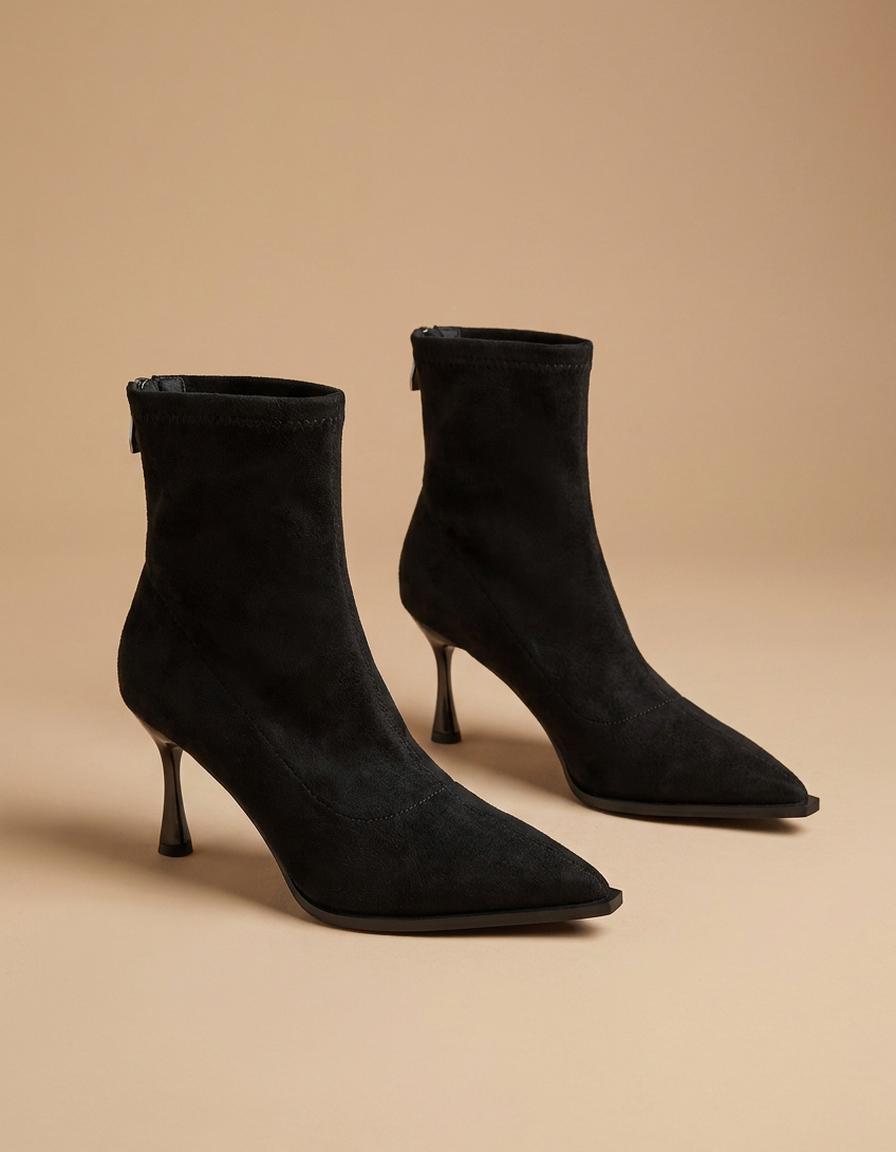 Raquel | Botines calcetín de punta con tacón fino - Negro