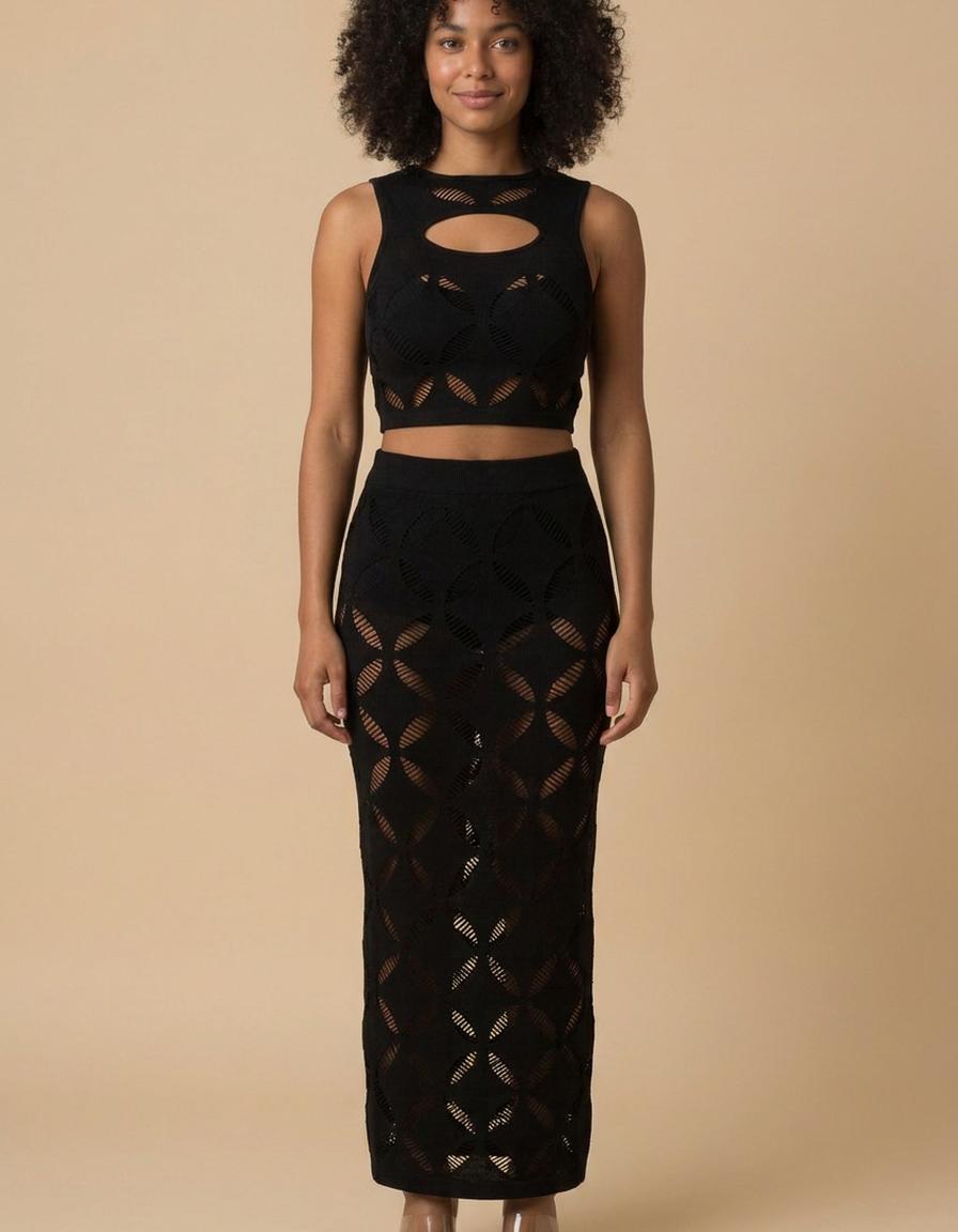 Nadia | Conjunto top y falda larga calada - Negro