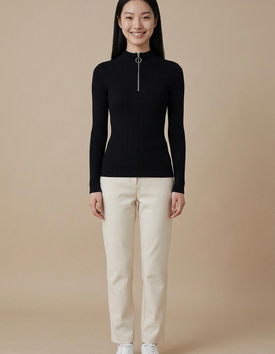 Margarita | Jersey de canalé con media cremallera - Negro