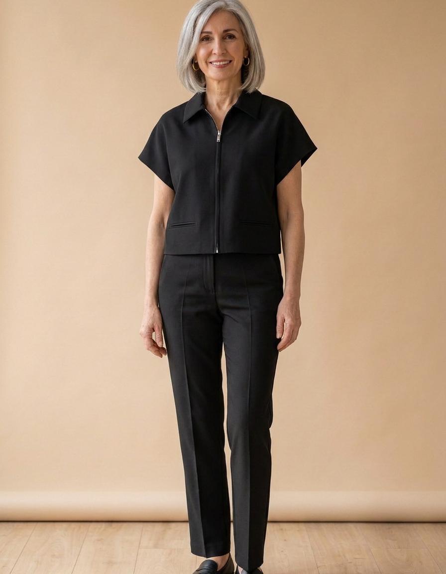 Pilar | Conjunto chaqueta corta cremallera y pantalón - Negro