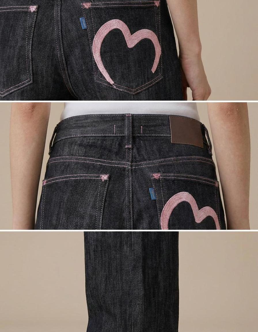Ainara | Vaqueros anchos con corazón bordado - Negro lavado